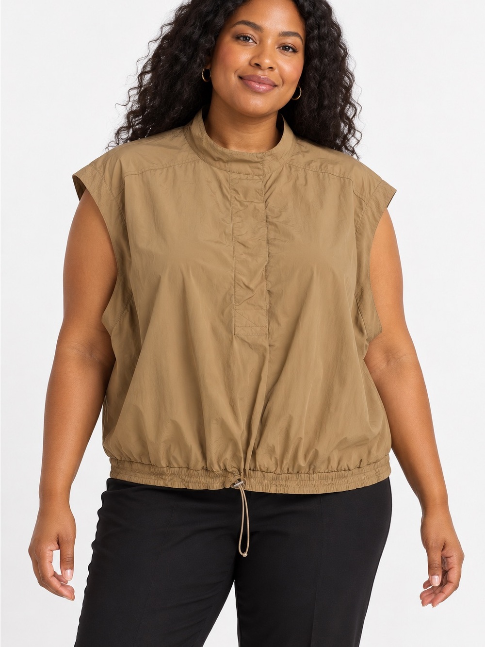 Anthropologie Ladies Drawstring Hem Sleeveless Shell Top - Tan 2X Utility Casual